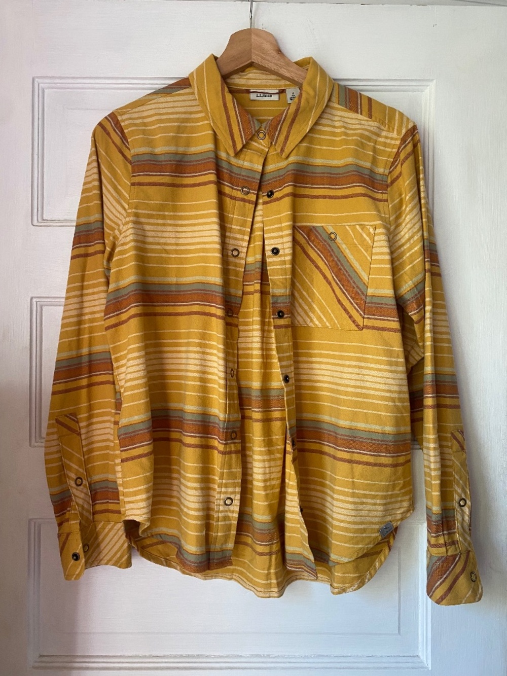 L.L. Bean striped mustard button-down flannel shirt